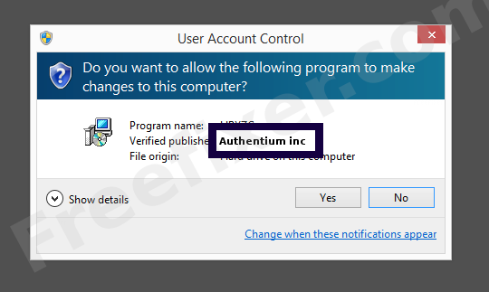 Screenshot where Authentium inc appears as the verified publisher in the UAC dialog